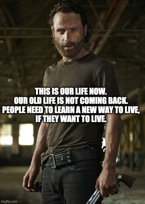 This is our life now. | THIS IS OUR LIFE NOW.
OUR OLD LIFE IS NOT COMING BACK. PEOPLE NEED TO LEARN A NEW WAY TO LIVE,
IF THEY WANT TO LIVE. MXC2020 | image tagged in rick grimes,the walking dead,twitter,inspirational quote,paraphrased | made w/ Imgflip meme maker