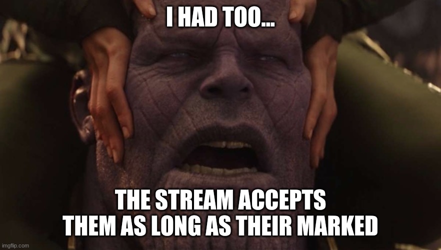 I HAD TOO... THE STREAM ACCEPTS THEM AS LONG AS THEIR MARKED | made w/ Imgflip meme maker
