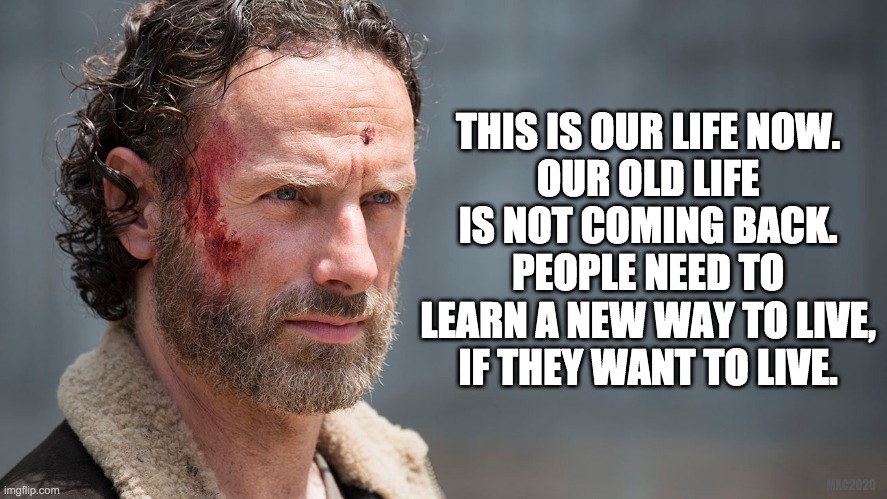 This is our life now. | THIS IS OUR LIFE NOW.
OUR OLD LIFE IS NOT COMING BACK.
PEOPLE NEED TO LEARN A NEW WAY TO LIVE,
IF THEY WANT TO LIVE. MXC2020 | image tagged in rick grimes,the walking dead,he didn't say this,inspirational quote,twitter | made w/ Imgflip meme maker