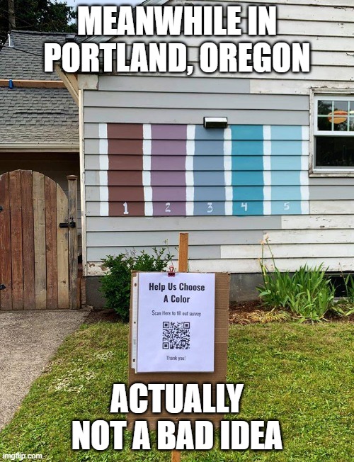 Like a good neighbor | MEANWHILE IN PORTLAND, OREGON; ACTUALLY NOT A BAD IDEA | image tagged in portland,portlandia,neighbors,painting,polls | made w/ Imgflip meme maker