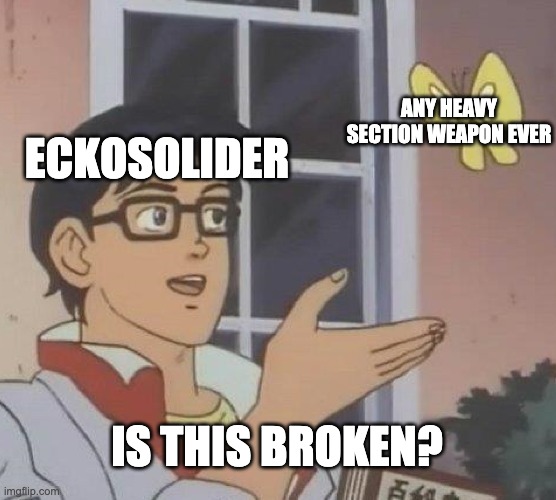 ecko saying every weapon broken | ANY HEAVY SECTION WEAPON EVER; ECKOSOLIDER; IS THIS BROKEN? | image tagged in memes,is this a pigeon | made w/ Imgflip meme maker