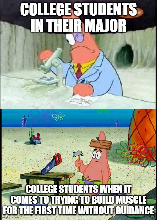 Patrick scientists vs nail-board | COLLEGE STUDENTS IN THEIR MAJOR; COLLEGE STUDENTS WHEN IT COMES TO TRYING TO BUILD MUSCLE FOR THE FIRST TIME WITHOUT GUIDANCE | image tagged in patrick scientists vs nail-board | made w/ Imgflip meme maker