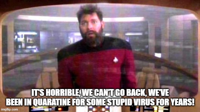 Corona 24th C | IT'S HORRIBLE, WE CAN'T GO BACK, WE'VE BEEN IN QUARATINE FOR SOME STUPID VIRUS FOR YEARS! | image tagged in riker from borg controlled universe | made w/ Imgflip meme maker