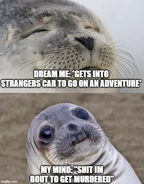 Short Satisfaction VS Truth Meme | DREAM ME: *GETS INTO STRANGERS CAR TO GO ON AN ADVENTURE*; MY MIND: "SHIT IM BOUT TO GET MURDERED" | image tagged in memes | made w/ Imgflip meme maker