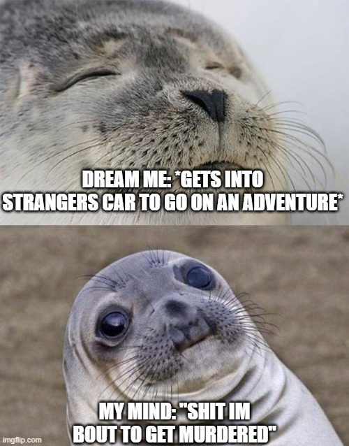 Short Satisfaction VS Truth | DREAM ME: *GETS INTO STRANGERS CAR TO GO ON AN ADVENTURE*; MY MIND: "SHIT IM BOUT TO GET MURDERED" | image tagged in memes | made w/ Imgflip meme maker