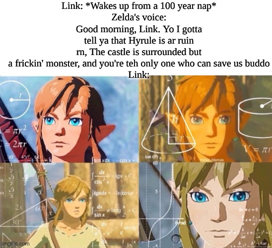 Link: *Wakes up from a 100 year nap*
Zelda's voice: Good morning, Link. Yo I gotta tell ya that Hyrule is ar ruin rn, The castle is surrounded but a frickin' monster, and you're teh only one who can save us buddo
Link: | image tagged in blank white template | made w/ Imgflip meme maker