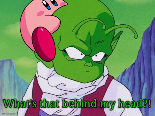 Quoter Dende (DBZ) |  What's that behind my head?! | image tagged in quoter dende dbz,kirby,memes | made w/ Imgflip meme maker