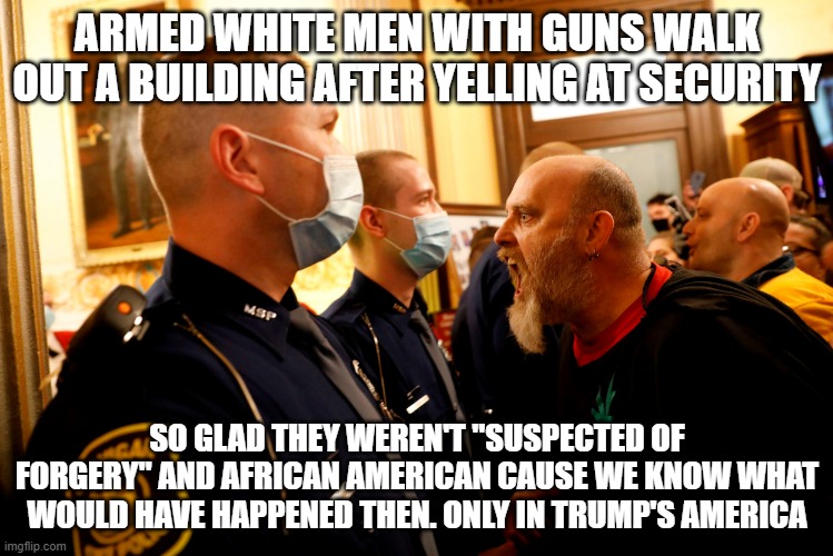 Armed in the Capitol | ARMED WHITE MEN WITH GUNS WALK OUT A BUILDING AFTER YELLING AT SECURITY; SO GLAD THEY WEREN'T "SUSPECTED OF FORGERY" AND AFRICAN AMERICAN CAUSE WE KNOW WHAT WOULD HAVE HAPPENED THEN. ONLY IN TRUMP'S AMERICA | image tagged in armed in the capitol | made w/ Imgflip meme maker