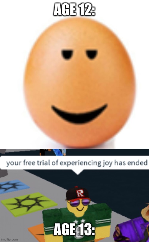 I am not even 13 yet and I already feel like this. | AGE 12:; AGE 13: | image tagged in chill egg,your free trial of experiencing joy has ended | made w/ Imgflip meme maker