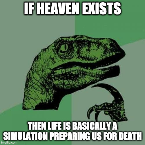 deep thought | IF HEAVEN EXISTS; THEN LIFE IS BASICALLY A SIMULATION PREPARING US FOR DEATH | image tagged in memes,philosoraptor | made w/ Imgflip meme maker