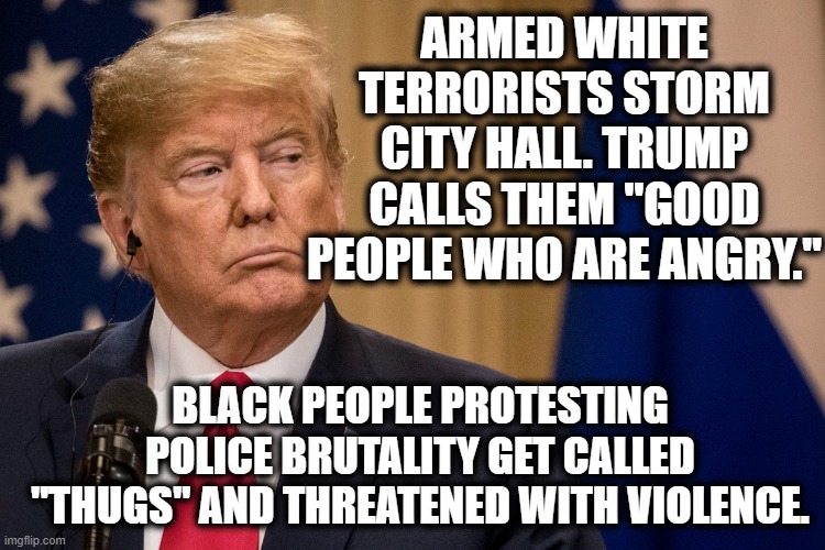 Racism unabashedly on display. | ARMED WHITE TERRORISTS STORM CITY HALL. TRUMP CALLS THEM "GOOD PEOPLE WHO ARE ANGRY."; BLACK PEOPLE PROTESTING POLICE BRUTALITY GET CALLED "THUGS" AND THREATENED WITH VIOLENCE. | image tagged in donald trump,protesters,terrorism,hypocrisy,traitor,racist | made w/ Imgflip meme maker