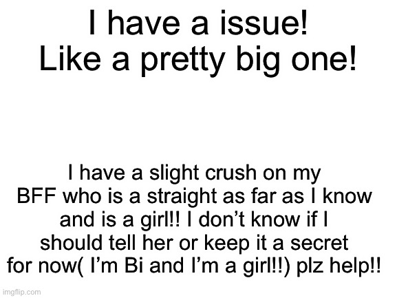 Plz help!! | I have a issue! Like a pretty big one! I have a slight crush on my BFF who is a straight as far as I know and is a girl!! I don’t know if I should tell her or keep it a secret for now( I’m Bi and I’m a girl!!) plz help!! | image tagged in blank white template | made w/ Imgflip meme maker