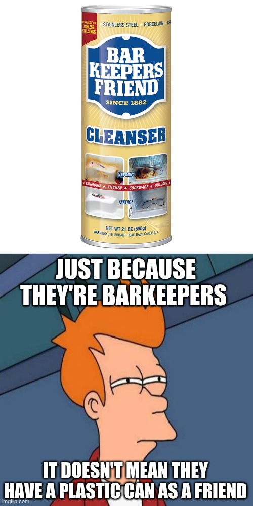 don't disrespect bar keepers | JUST BECAUSE THEY'RE BARKEEPERS; IT DOESN'T MEAN THEY HAVE A PLASTIC CAN AS A FRIEND | image tagged in memes,futurama fry,bleach,bar keepers friend | made w/ Imgflip meme maker