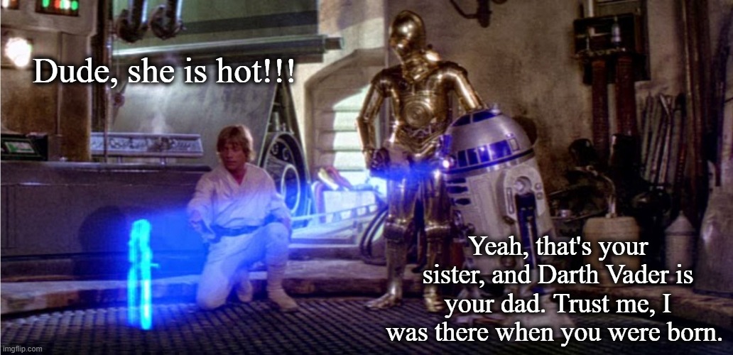 Dude, she is hot!!! Yeah, that's your sister, and Darth Vader is your dad. Trust me, I was there when you were born. | image tagged in darth vader luke skywalker,princess leia,r2d2  c3po,star wars | made w/ Imgflip meme maker