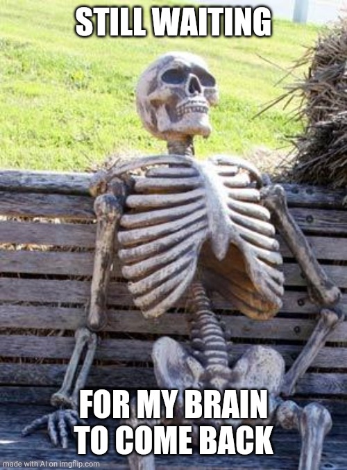 Keep waiting | STILL WAITING; FOR MY BRAIN TO COME BACK | image tagged in memes,waiting skeleton | made w/ Imgflip meme maker