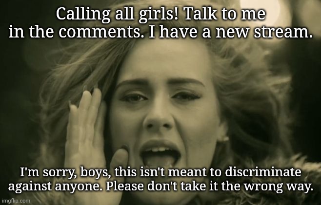 Adele Hello | Calling all girls! Talk to me in the comments. I have a new stream. I'm sorry, boys, this isn't meant to discriminate against anyone. Please don't take it the wrong way. | image tagged in adele hello | made w/ Imgflip meme maker