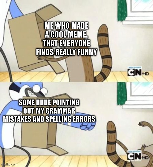 grammar mistake in meme | ME WHO MADE A COOL MEME, THAT EVERYONE FINDS REALLY FUNNY; SOME DUDE POINTING OUT MY GRAMMAR MISTAKES AND SPELLING ERRORS | image tagged in mordecai punches rigby through a box | made w/ Imgflip meme maker