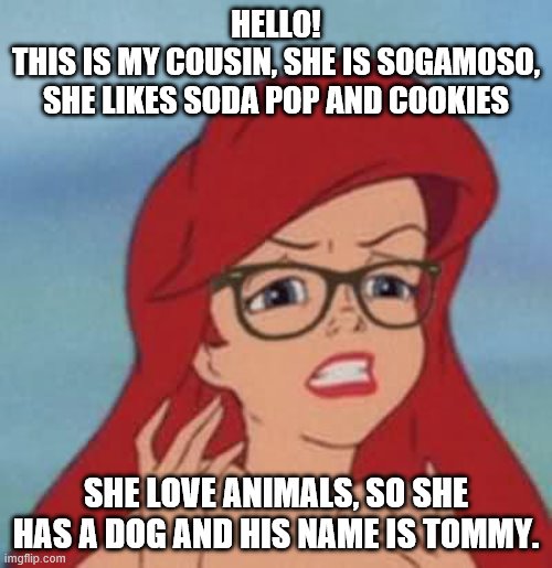 Hipster Ariel Meme | HELLO!
THIS IS MY COUSIN, SHE IS SOGAMOSO, SHE LIKES SODA POP AND COOKIES; SHE LOVE ANIMALS, SO SHE HAS A DOG AND HIS NAME IS TOMMY. | image tagged in memes,hipster ariel | made w/ Imgflip meme maker