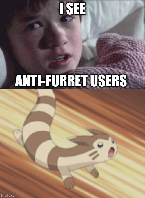 Furret will make you pay | I SEE; ANTI-FURRET USERS | image tagged in memes,i see dead people,angry furret,you know who you are,you will pay | made w/ Imgflip meme maker