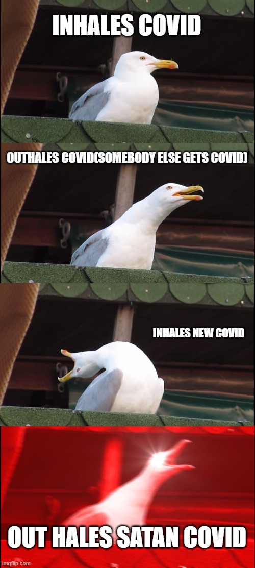 Inhaling Seagull | INHALES COVID; OUTHALES COVID(SOMEBODY ELSE GETS COVID); INHALES NEW COVID; OUT HALES SATAN COVID | image tagged in memes,inhaling seagull | made w/ Imgflip meme maker