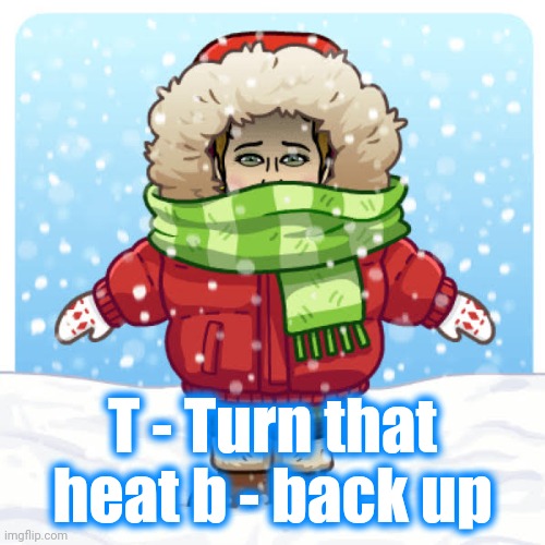 Brrr | T - Turn that heat b - back up | image tagged in brrr | made w/ Imgflip meme maker