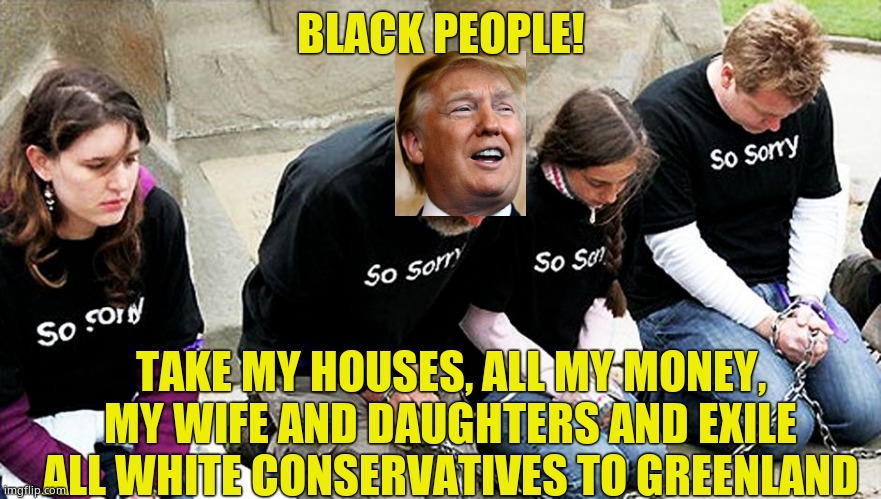 white guilt | BLACK PEOPLE! TAKE MY HOUSES, ALL MY MONEY, MY WIFE AND DAUGHTERS AND EXILE ALL WHITE CONSERVATIVES TO GREENLAND | image tagged in white guilt | made w/ Imgflip meme maker
