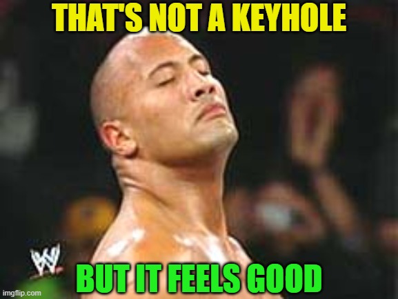 The Rock Smelling | THAT'S NOT A KEYHOLE BUT IT FEELS GOOD | image tagged in the rock smelling | made w/ Imgflip meme maker