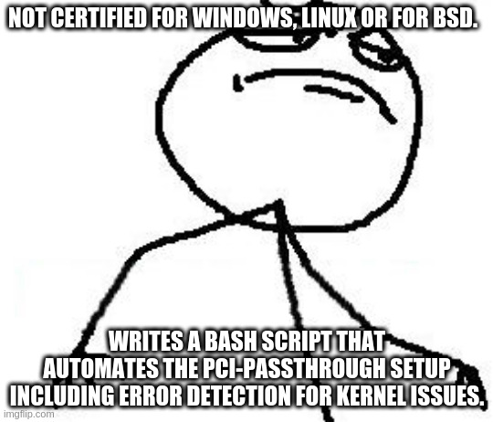 Fk Yeah Meme | NOT CERTIFIED FOR WINDOWS, LINUX OR FOR BSD. WRITES A BASH SCRIPT THAT AUTOMATES THE PCI-PASSTHROUGH SETUP INCLUDING ERROR DETECTION FOR KERNEL ISSUES. | image tagged in memes,fk yeah | made w/ Imgflip meme maker