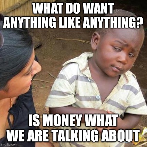 Third World Skeptical Kid | WHAT DO WANT ANYTHING LIKE ANYTHING? IS MONEY WHAT WE ARE TALKING ABOUT | image tagged in memes,third world skeptical kid | made w/ Imgflip meme maker