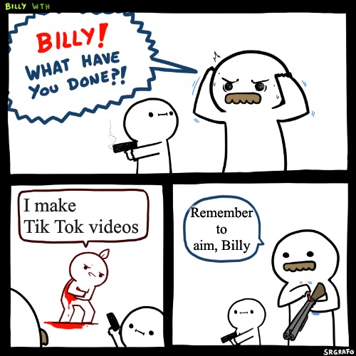 Billy, What Have You Done | I make Tik Tok videos; Remember to aim, Billy | image tagged in billy what have you done | made w/ Imgflip meme maker