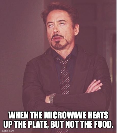 Face You Make Robert Downey Jr Meme | WHEN THE MICROWAVE HEATS UP THE PLATE, BUT NOT THE FOOD. | image tagged in memes,face you make robert downey jr | made w/ Imgflip meme maker
