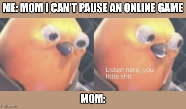Listen here you little shit bird | ME: MOM I CAN’T PAUSE AN ONLINE GAME; MOM: | image tagged in listen here you little shit bird | made w/ Imgflip meme maker