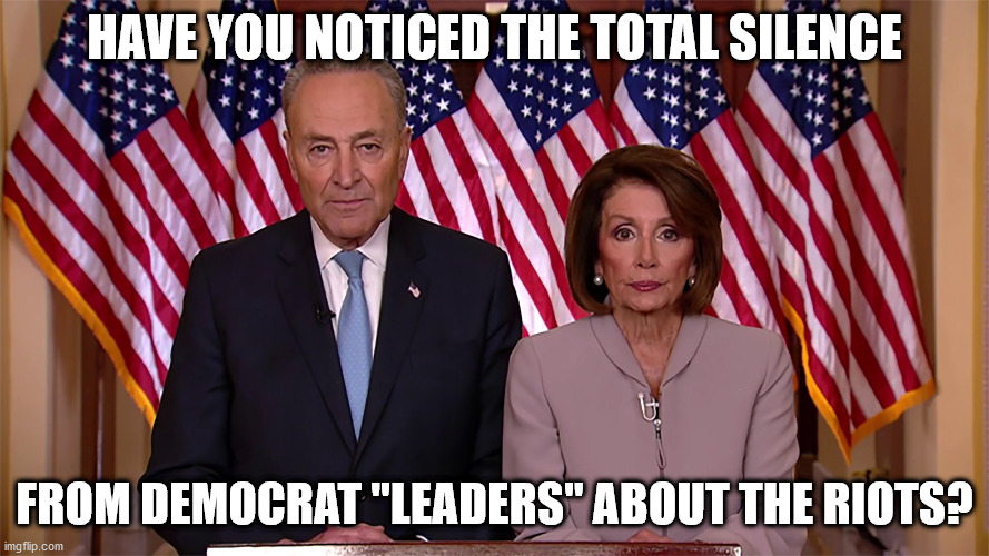 Total silence from Dem leaders on the riots | HAVE YOU NOTICED THE TOTAL SILENCE; FROM DEMOCRAT "LEADERS" ABOUT THE RIOTS? | image tagged in pelosi,schumer,democrats,hypocrites | made w/ Imgflip meme maker