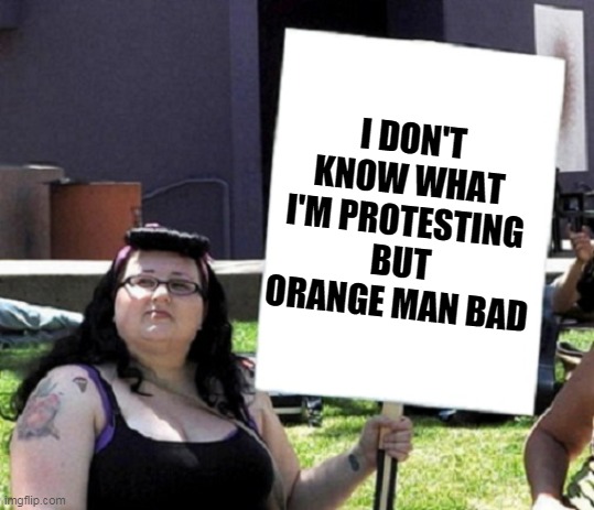 Protesting Feminist | I DON'T KNOW WHAT I'M PROTESTING BUT ORANGE MAN BAD | image tagged in protesting feminist | made w/ Imgflip meme maker