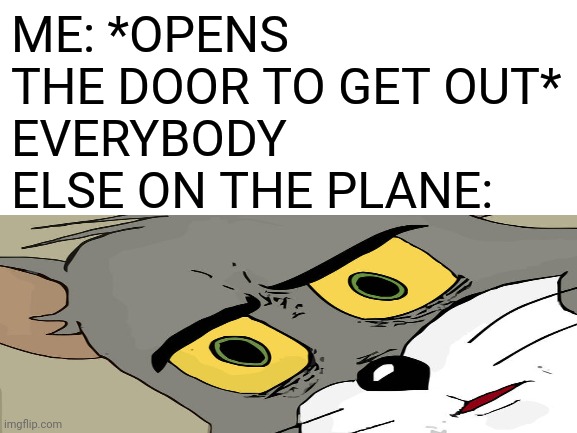 ME: *OPENS THE DOOR TO GET OUT*
EVERYBODY ELSE ON THE PLANE: | image tagged in memes,unsettled tom | made w/ Imgflip meme maker
