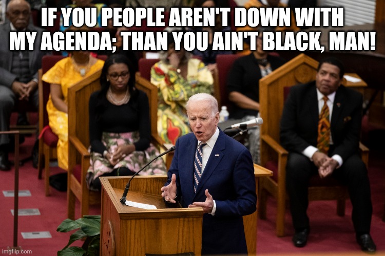 Joe Biden # 3 | IF YOU PEOPLE AREN'T DOWN WITH MY AGENDA; THAN YOU AIN'T BLACK, MAN! | image tagged in joe biden,black | made w/ Imgflip meme maker