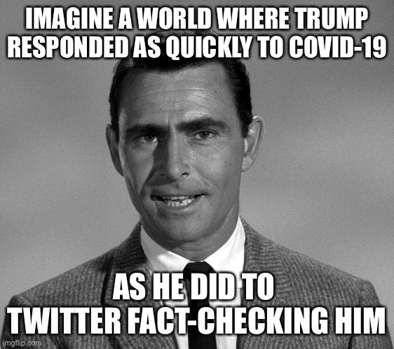 Rod Serling | IMAGINE A WORLD WHERE TRUMP RESPONDED AS QUICKLY TO COVID-19; AS HE DID TO 
TWITTER FACT-CHECKING HIM | image tagged in rod serling | made w/ Imgflip meme maker