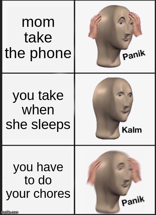 Panik Kalm Panik | mom take the phone; you take when she sleeps; you have to do your chores | image tagged in memes,panik kalm panik | made w/ Imgflip meme maker