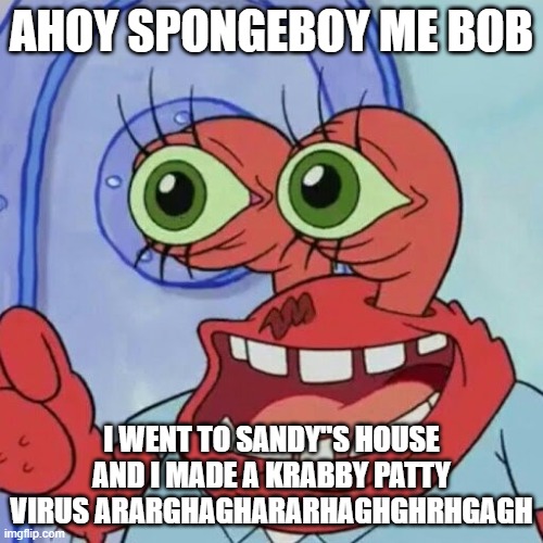 AHOY SPONGEBOB | AHOY SPONGEBOY ME BOB; I WENT TO SANDY"S HOUSE AND I MADE A KRABBY PATTY VIRUS ARARGHAGHARARHAGHGHRHGAGH | image tagged in ahoy spongebob | made w/ Imgflip meme maker