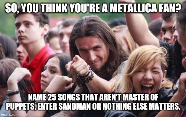 Trve Metallica fans know more than Master Of Puppets or Nothing Else Matters | SO, YOU THINK YOU'RE A METALLICA FAN? NAME 25 SONGS THAT AREN'T MASTER OF PUPPETS, ENTER SANDMAN OR NOTHING ELSE MATTERS. | image tagged in ridiculously photogenic metalhead,metallica,master of puppets,nothing else matters | made w/ Imgflip meme maker