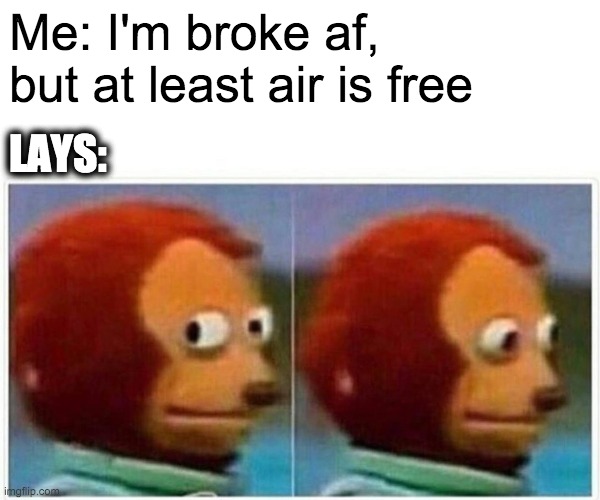 Lays=Air | Me: I'm broke af, but at least air is free; LAYS: | image tagged in memes,monkey puppet,funny,lays,air,fun | made w/ Imgflip meme maker