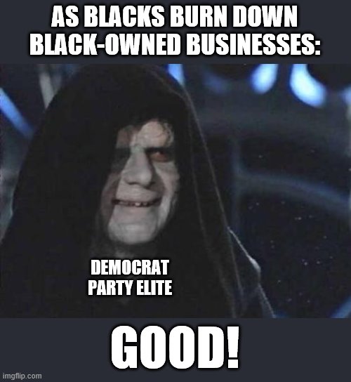 How the poor get poorer, and are more certain to remain on the Democrat plantation | AS BLACKS BURN DOWN BLACK-OWNED BUSINESSES:; DEMOCRAT PARTY ELITE; GOOD! | image tagged in emperor palpatine,memes,democrats,poor get poorer | made w/ Imgflip meme maker