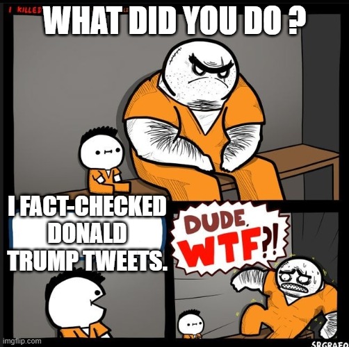 Meanwhile, in the future... | WHAT DID YOU DO ? I FACT-CHECKED DONALD TRUMP TWEETS. | image tagged in srgrafo dude wtf,donald trump,trump lies,dictator,future,twitter | made w/ Imgflip meme maker