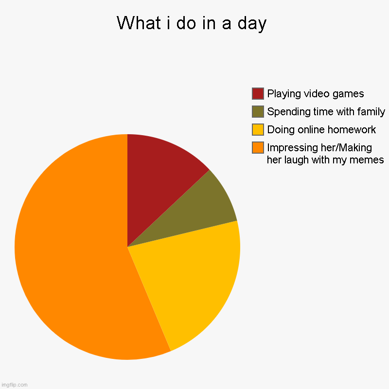 What i do in a day | What i do in a day | Impressing her/Making her laugh with my memes, Doing online homework, Spending time with family, Playing video games | image tagged in charts,pie charts,relatable | made w/ Imgflip chart maker