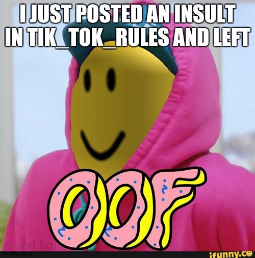 Roblox Oof | I JUST POSTED AN INSULT IN TIK_TOK_RULES AND LEFT | image tagged in roblox oof | made w/ Imgflip meme maker