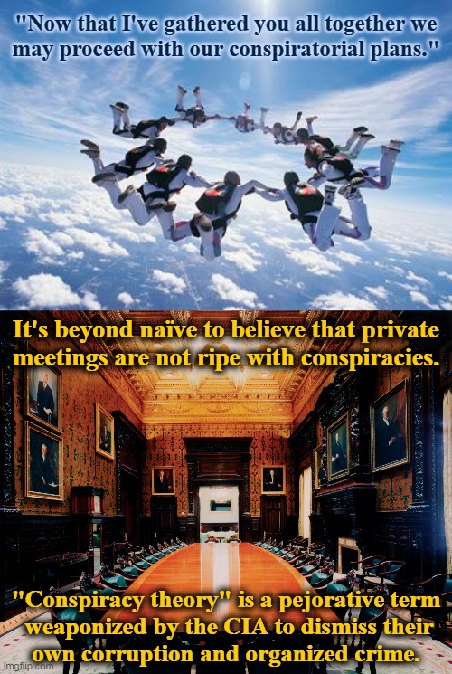 Now that I've... | "Now that I've gathered you all together we 
 may proceed with our conspiratorial plans."; It's beyond naïve to believe that private 
 meetings are not ripe with conspiracies. "Conspiracy theory" is a pejorative term 
 weaponized by the CIA to dismiss their
 own corruption and organized crime. | image tagged in skydiving,executive boardroom | made w/ Imgflip meme maker