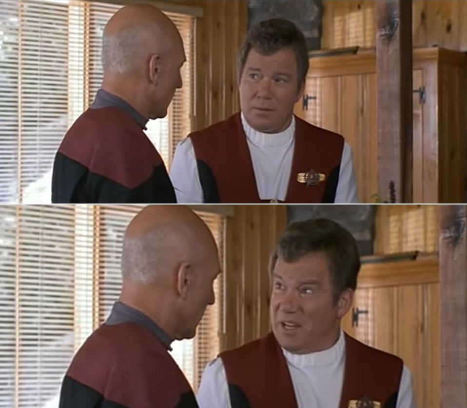 Kirk talking to Picard Blank Meme Template