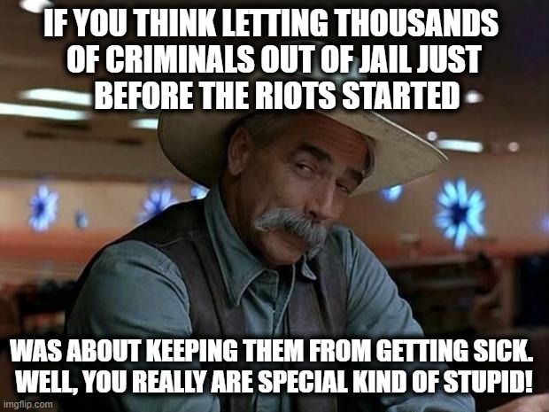 special kind of stupid | IF YOU THINK LETTING THOUSANDS 
OF CRIMINALS OUT OF JAIL JUST
 BEFORE THE RIOTS STARTED; WAS ABOUT KEEPING THEM FROM GETTING SICK. 
WELL, YOU REALLY ARE SPECIAL KIND OF STUPID! | image tagged in special kind of stupid | made w/ Imgflip meme maker