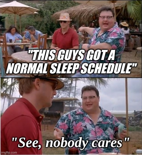 See Nobody cares | "THIS GUYS GOT A NORMAL SLEEP SCHEDULE"; "See, nobody cares" | image tagged in memes,see nobody cares | made w/ Imgflip meme maker