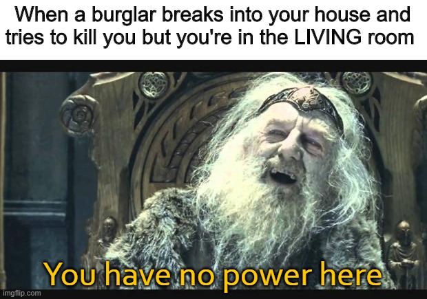 The LIVING room | When a burglar breaks into your house and tries to kill you but you're in the LIVING room; You have no power here | image tagged in you have no power here,memes,funny,dead,burglar | made w/ Imgflip meme maker